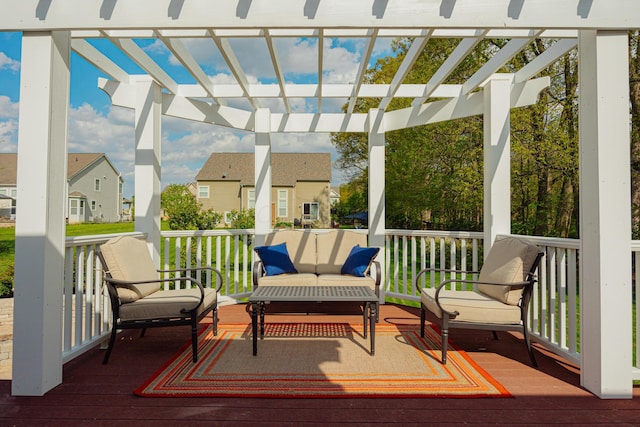 wooden deck featuring an outdoor hangout area and a pergola