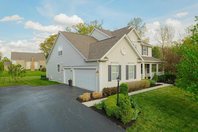 view of property exterior with a garage and a lawn