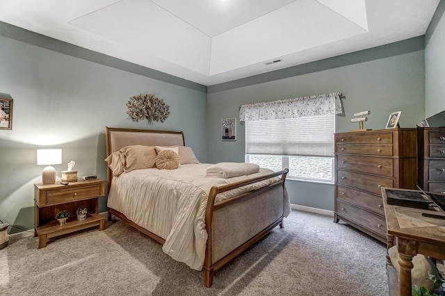 carpeted bedroom featuring a tray ceiling