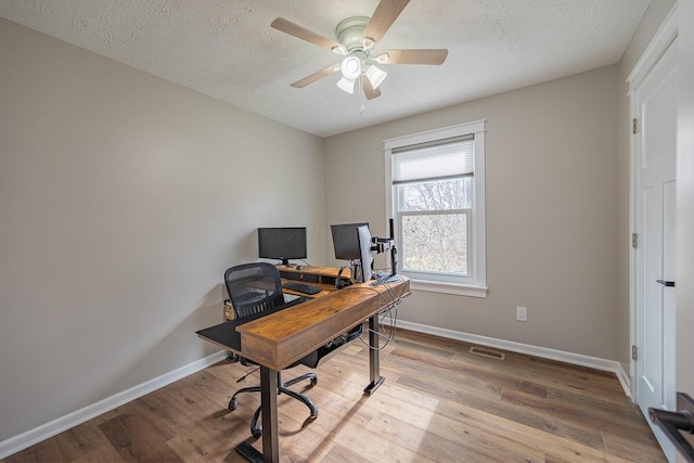 home office with hardwood / wood-style floors, a textured ceiling, and ceiling fan