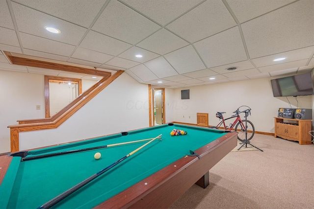 recreation room featuring light carpet and pool table