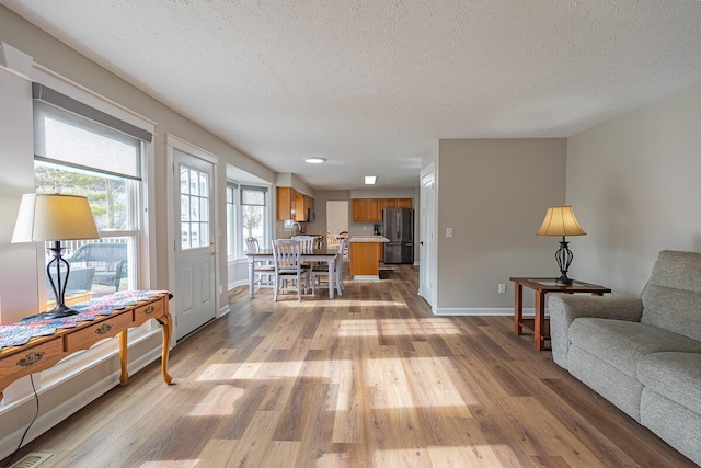 living room featuring a textured ceiling and light wood-type flooring