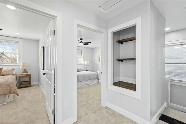 bedroom with light colored carpet