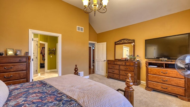 carpeted bedroom featuring high vaulted ceiling and a chandelier