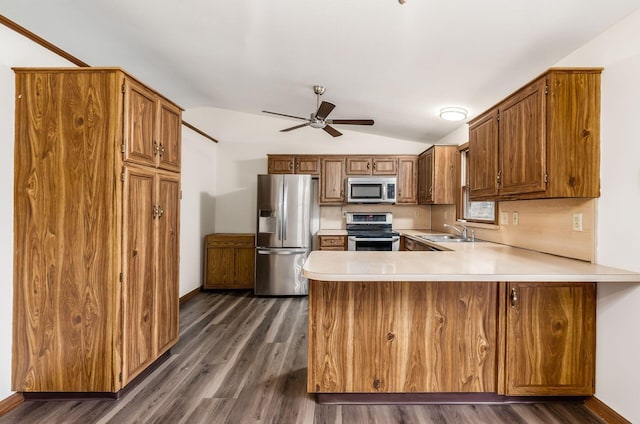 kitchen featuring vaulted ceiling, dark hardwood / wood-style floors, sink, kitchen peninsula, and stainless steel appliances