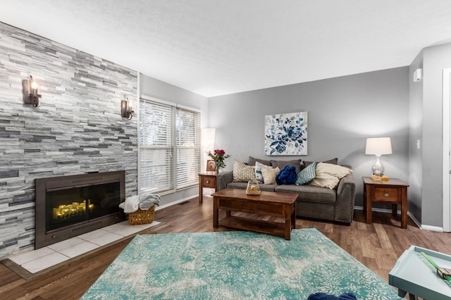 living room with a fireplace and wood-type flooring