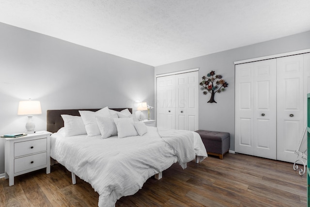 bedroom with dark wood-type flooring and two closets