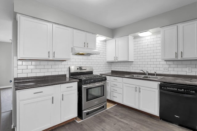 kitchen featuring white cabinetry, stainless steel gas range oven, and dishwasher