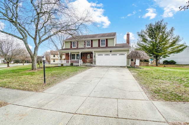 view of front facade featuring a garage, a front lawn, and covered porch