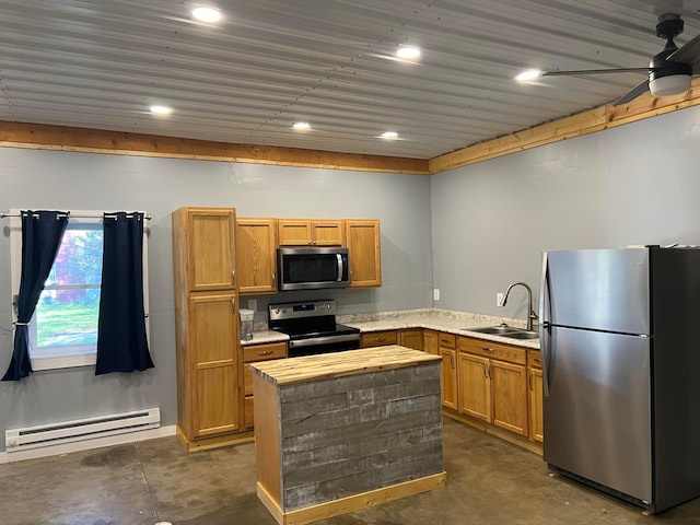 kitchen with a baseboard heating unit, stainless steel appliances, sink, and ceiling fan