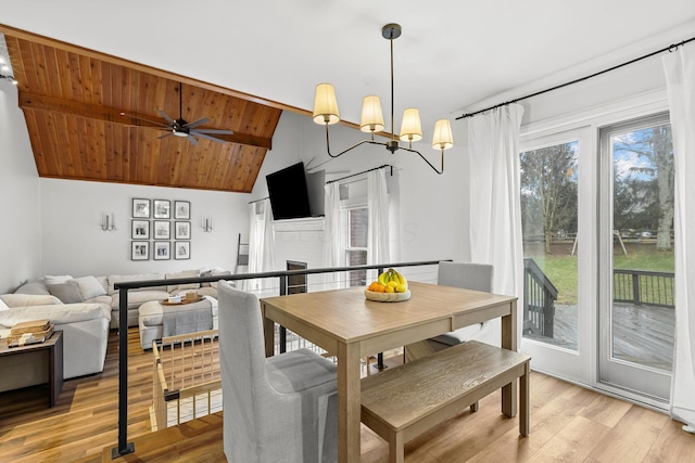 dining space featuring vaulted ceiling, light wood finished floors, a fireplace, and wood ceiling