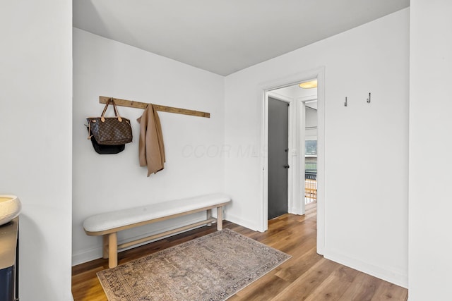 mudroom featuring baseboards and wood finished floors