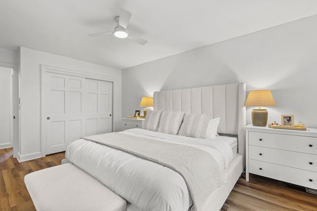 bedroom featuring a closet, ceiling fan, and wood finished floors