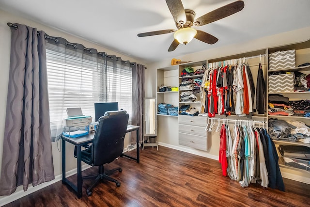 office area featuring ceiling fan and dark hardwood / wood-style floors