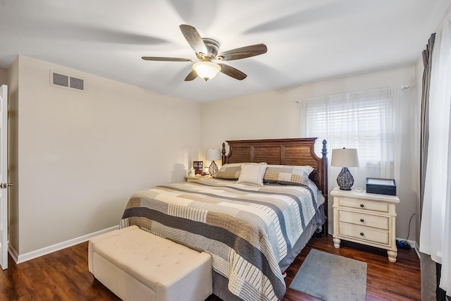 bedroom featuring dark wood-type flooring and ceiling fan