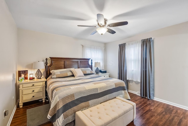 bedroom featuring ceiling fan and dark hardwood / wood-style floors