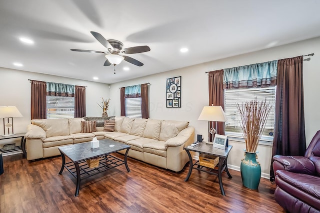 living room featuring ceiling fan and dark hardwood / wood-style flooring