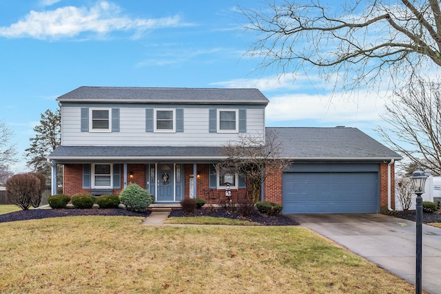 front facade featuring a porch, a garage, and a front lawn