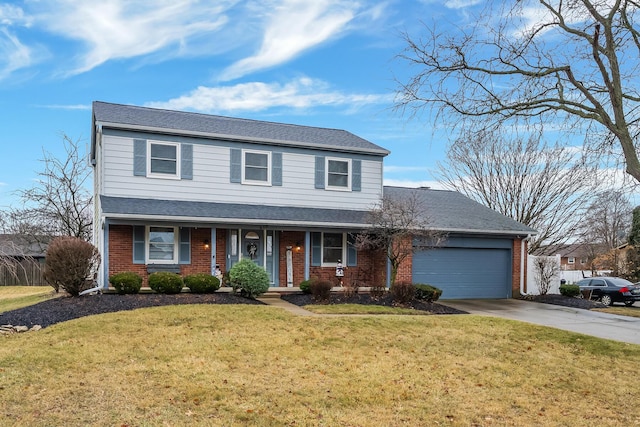 front of property featuring a garage, a porch, and a front lawn