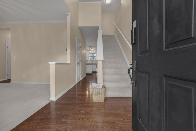 entrance foyer with dark hardwood / wood-style flooring and crown molding