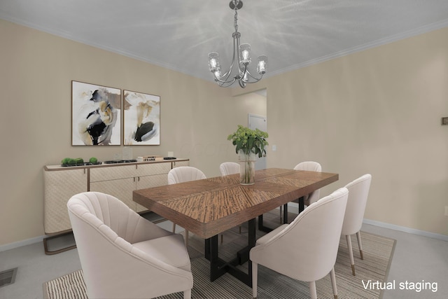 dining space featuring an inviting chandelier, light colored carpet, and ornamental molding