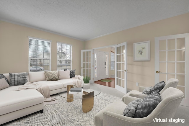 living room with french doors, ornamental molding, and a textured ceiling