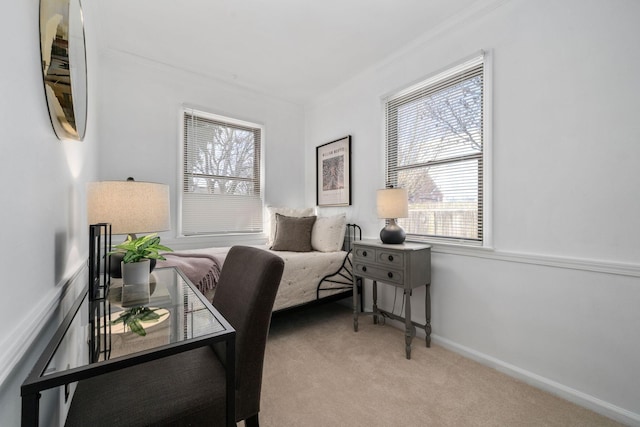 home office with baseboards and light colored carpet