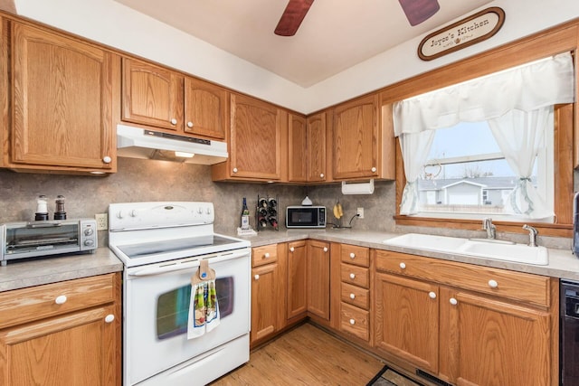 kitchen with sink, light hardwood / wood-style flooring, ceiling fan, decorative backsplash, and black appliances