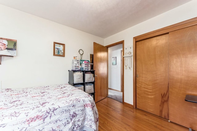 bedroom with hardwood / wood-style floors and a closet