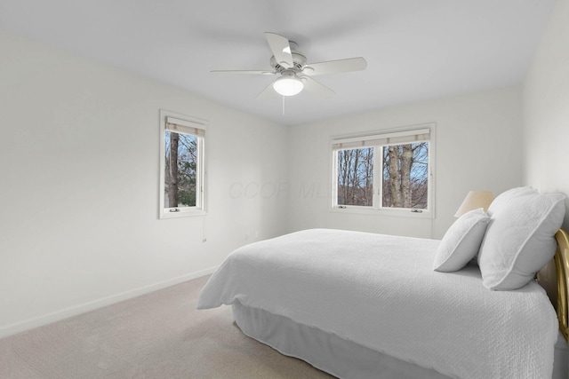 carpeted bedroom featuring multiple windows, baseboards, and ceiling fan