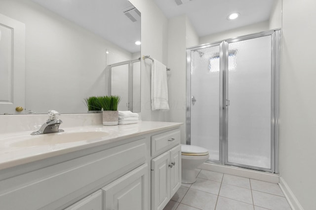 full bath featuring tile patterned floors, toilet, a stall shower, and vanity