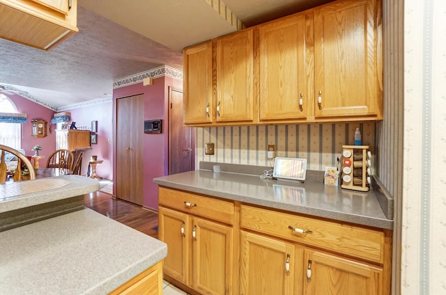 kitchen featuring dark hardwood / wood-style flooring and a textured ceiling