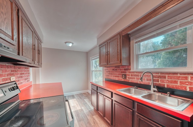 kitchen featuring baseboards, light wood-style flooring, stainless steel electric range, a sink, and tasteful backsplash