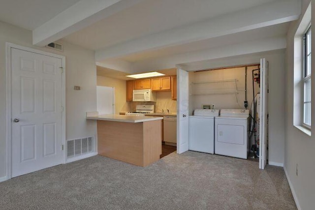 washroom with light colored carpet, washing machine and dryer, and a healthy amount of sunlight