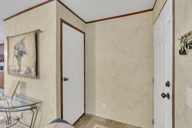 interior space with ornamental molding and a textured ceiling