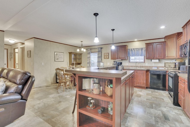 kitchen featuring sink, a textured ceiling, a kitchen island, pendant lighting, and black appliances