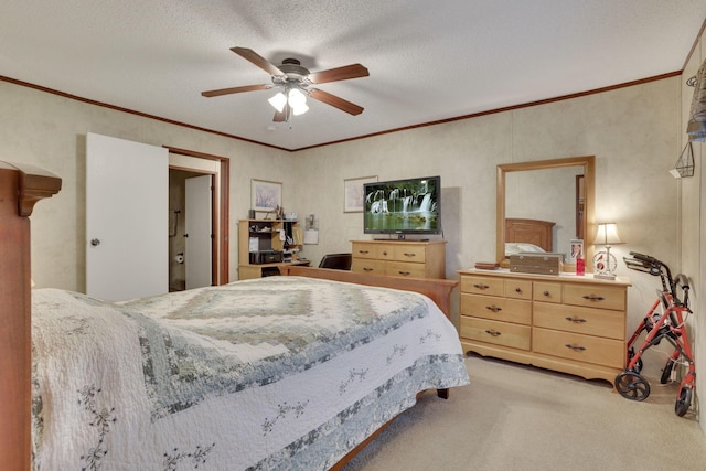 carpeted bedroom with crown molding, ceiling fan, and a textured ceiling