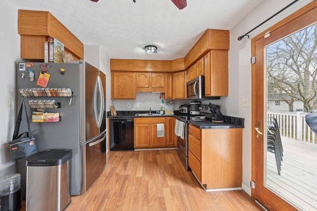 kitchen with ceiling fan, appliances with stainless steel finishes, and light hardwood / wood-style floors