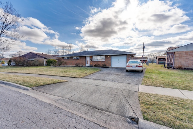 single story home with a garage and a front yard