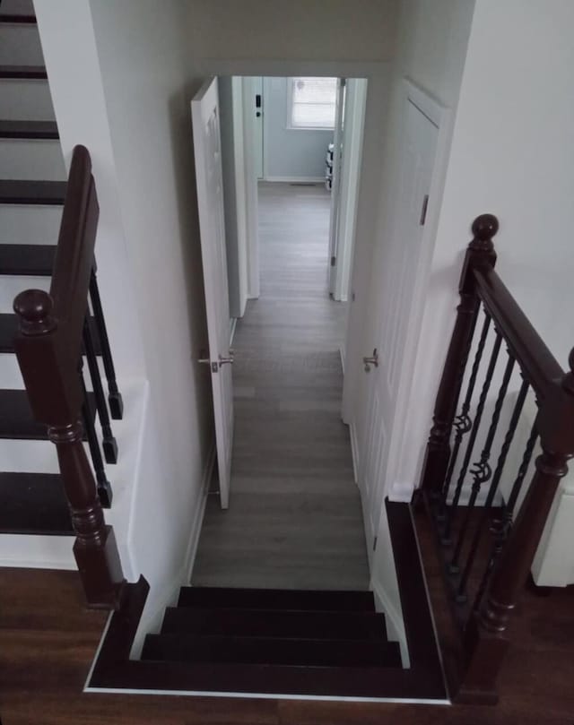 stairway with hardwood / wood-style floors