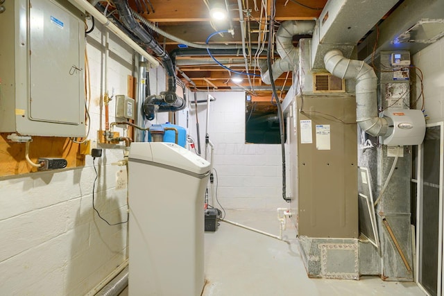 utility room with electric panel and heating unit