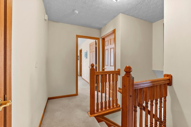 hall featuring light colored carpet and a textured ceiling