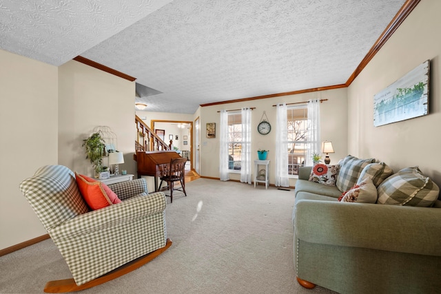 living room with light carpet, crown molding, and a textured ceiling