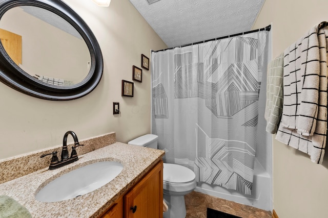 full bathroom featuring vanity, shower / bathtub combination with curtain, a textured ceiling, and toilet