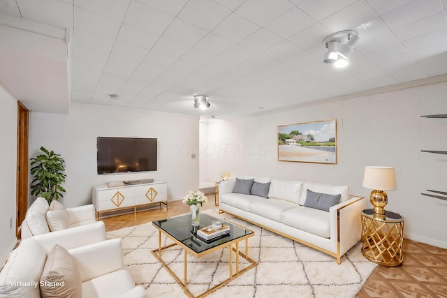 living room with parquet floors