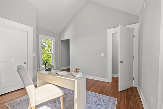 office area featuring high vaulted ceiling and hardwood / wood-style floors