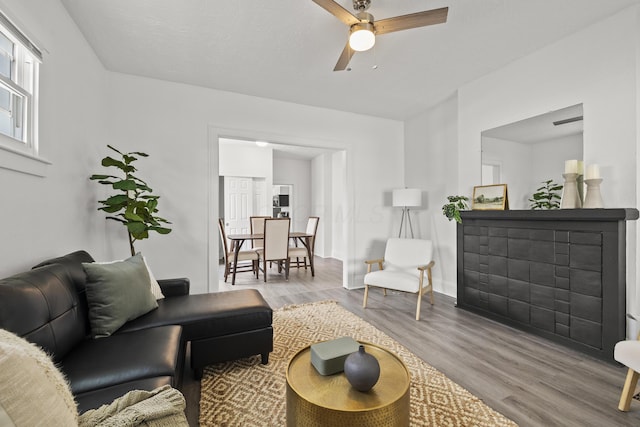 living room featuring light hardwood / wood-style floors and ceiling fan