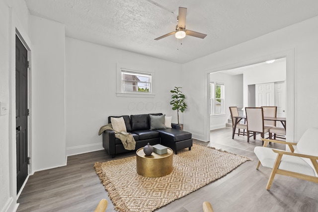 living room featuring ceiling fan, hardwood / wood-style flooring, and a textured ceiling