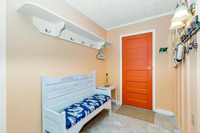 mudroom with ornamental molding and a textured ceiling