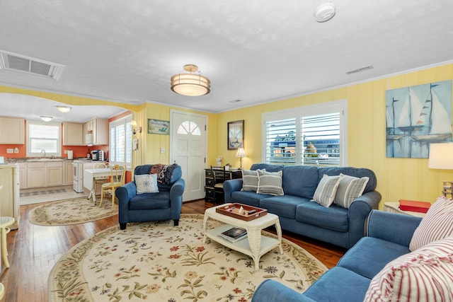 living room featuring sink, crown molding, and light wood-type flooring